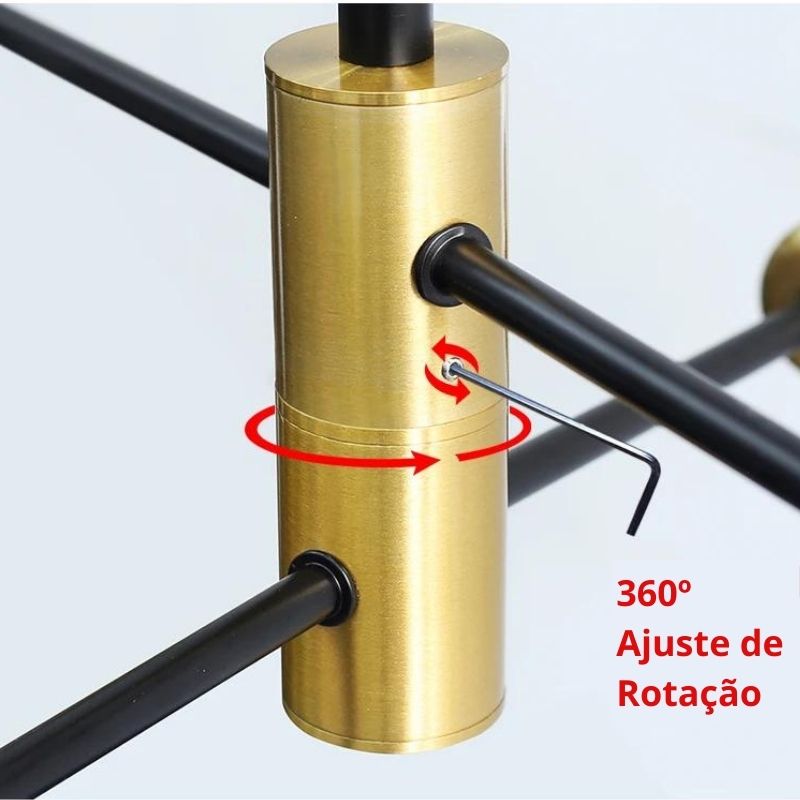 Lustre Pendente Candelabro - Rotação Ajustável - Preto e Dourado