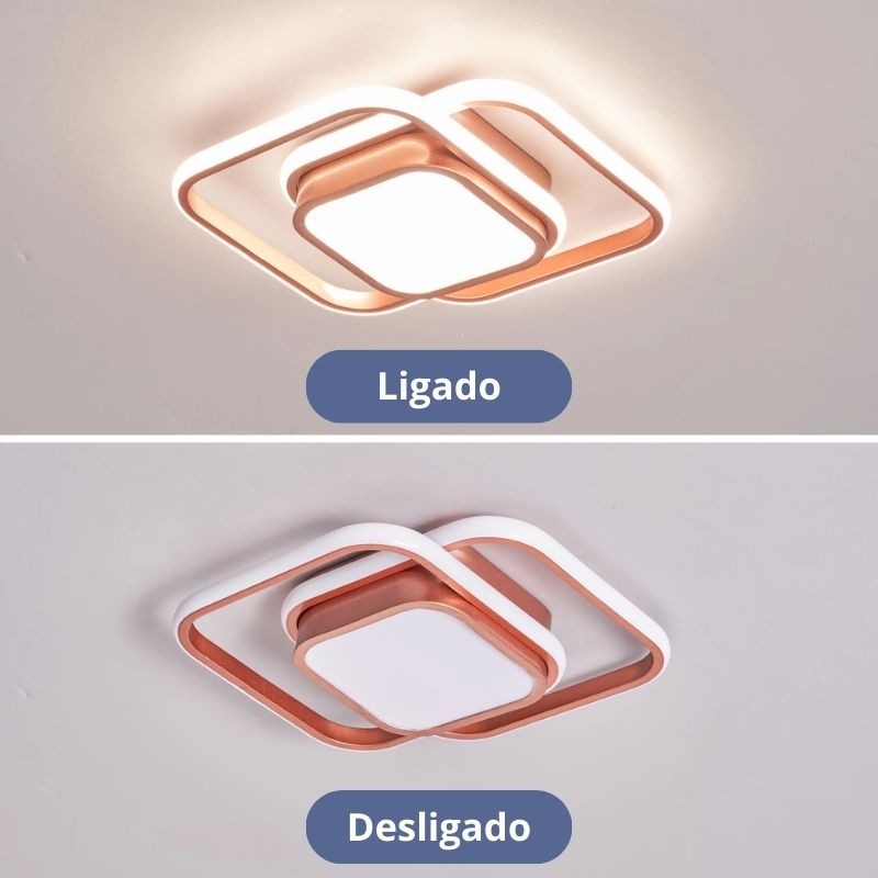 Luminária de Teto Plafon Aro Duplo Quadrado - Rose Gold - Com Controle Remoto e APP