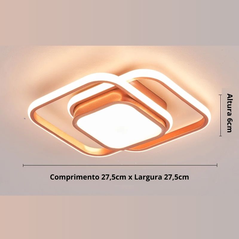 Luminária de Teto Plafon Aro Duplo Quadrado - Rose Gold - Com Controle Remoto e APP